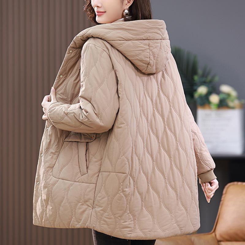 

Женская модная стеганая куртка 2024 года на флисовой подкладке – средней длины, утолщенная, стильная для осени и зимы M (suggested 100-118 jins) хаки