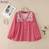 ZANZEA Blusa Feminina Casual com Decote V, Estampa Floral e Manga Longa