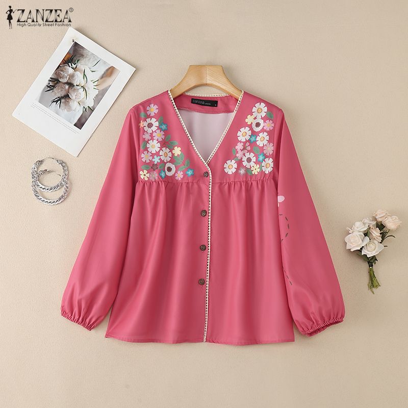 ZANZEA Blusa Feminina Casual com Decote V, Estampa Floral e Manga Longa