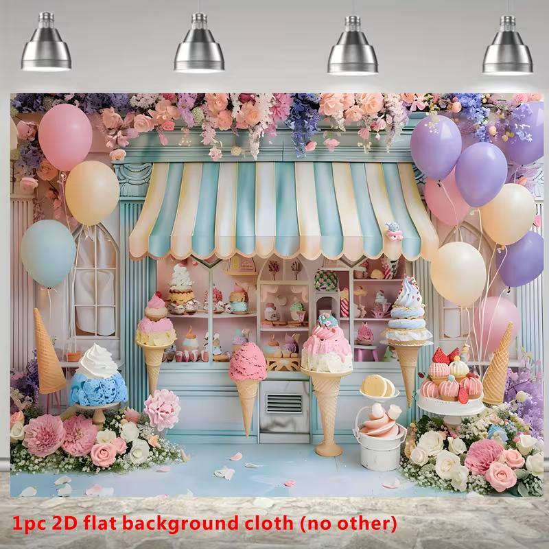 2D Ice Cream Shop Backdrop with Balloons and Flowers Photography Background