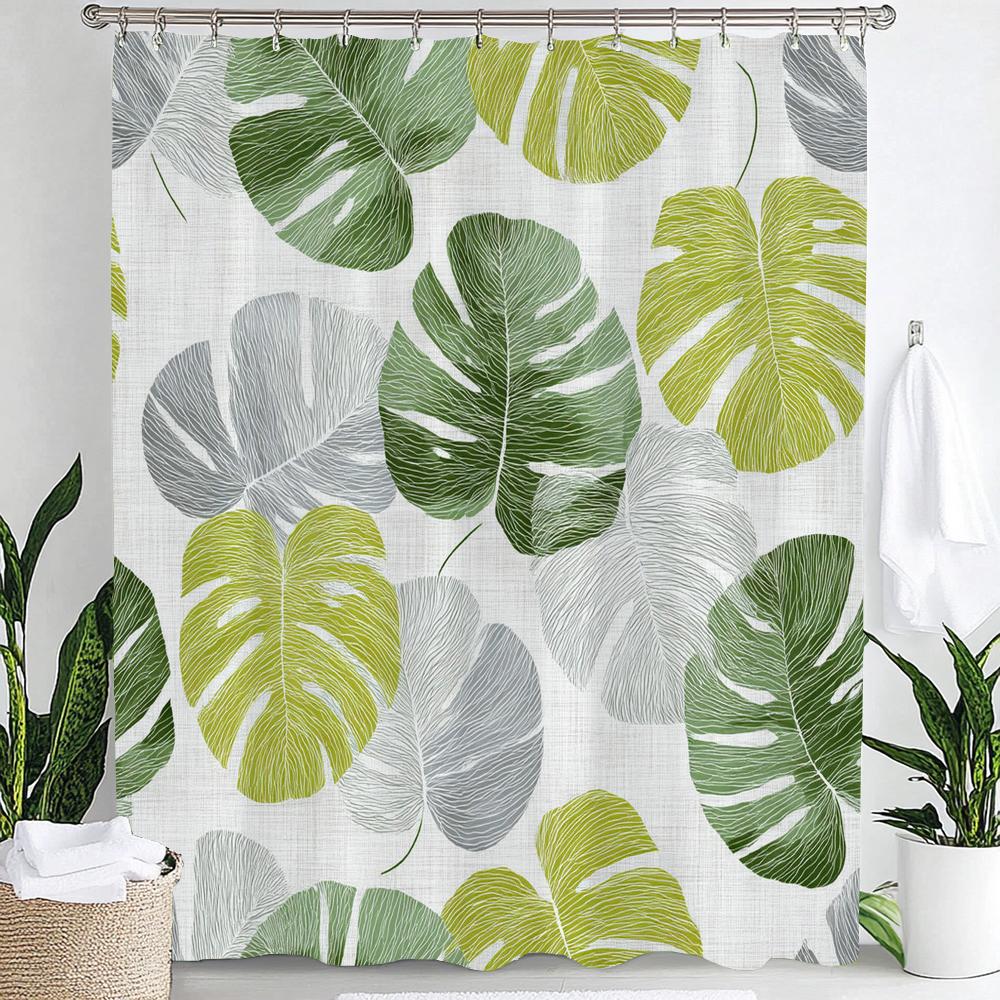 1pc Simple style Leaves Print Polyester Shower Curtain Bathroom Decoration Curtain,Hanging Curtain With Hooks Machine Washable