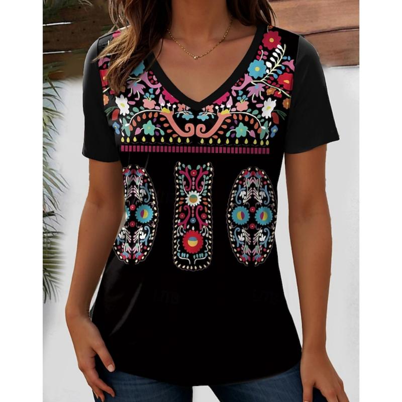 Harajuku Wind Ladies V-neck T-shirt Summer Outdoor Casual Short Sleeve Tops Retro Street Flower Print OverSize Women's Clothing
