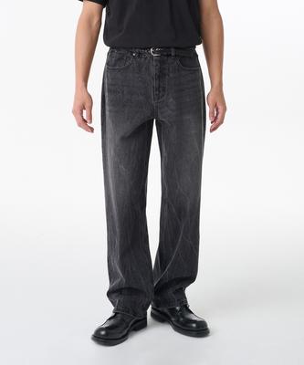 Crease Washed Loose Straight Denim Pants [Washed Black]