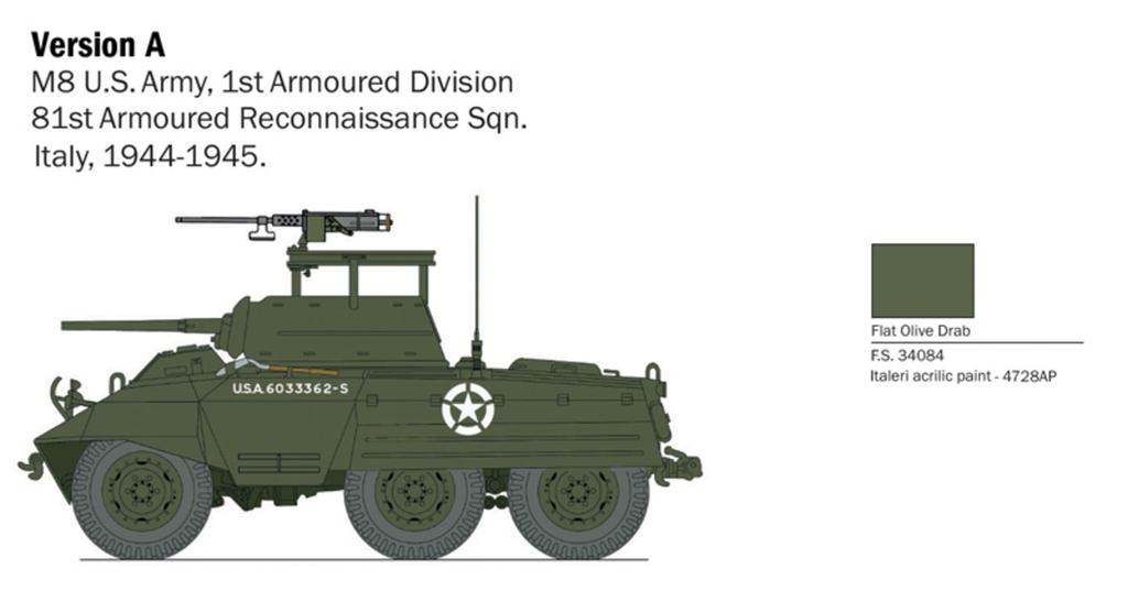 Italeri 1/56 WWII American M8/M20 Greyhound Armored Car Plastic Model Kit IT25759