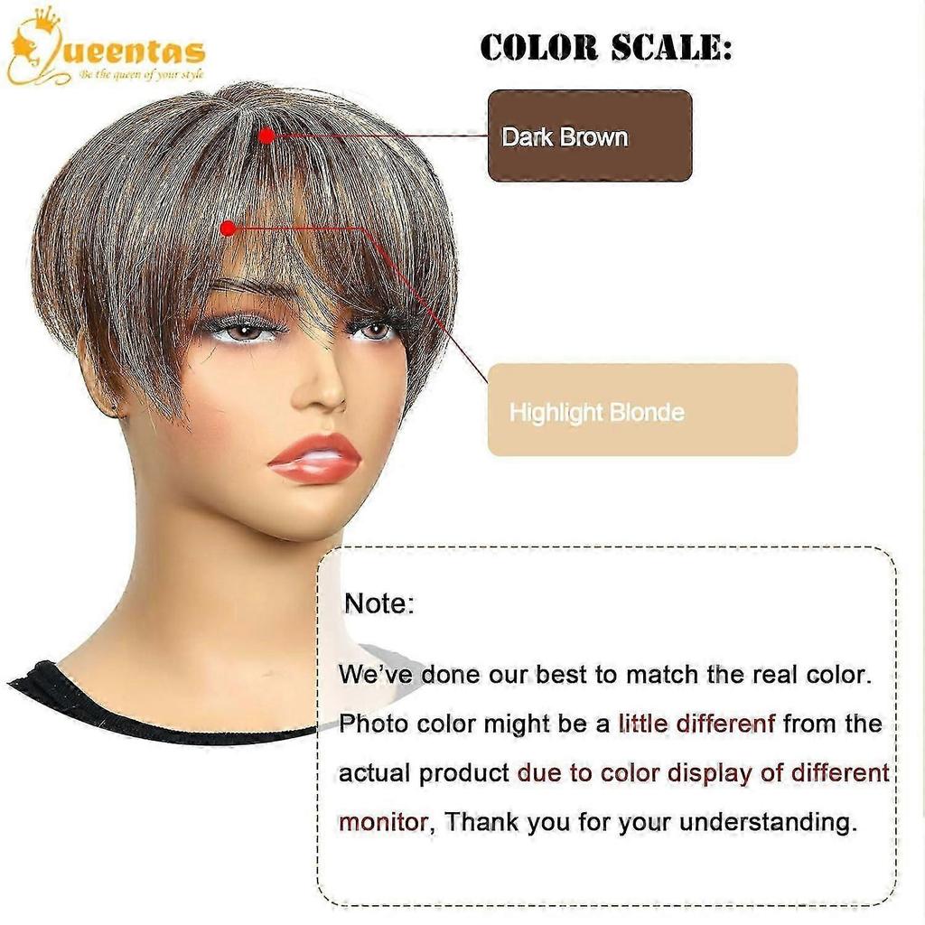 Short Hair Toppers for Women with Thinning Hair Large Full Coverage with 3 Clips Hair Pieces Wispy Bangs(Brown Highlight Blonde) Dark Brown Highlight