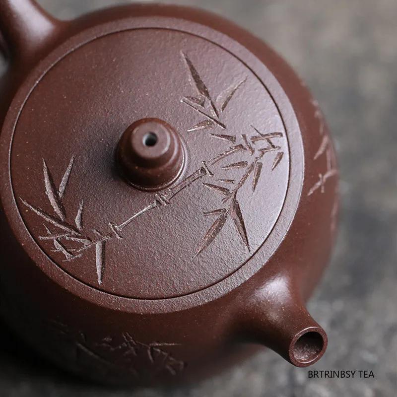 Chinesische Tradition Yixing Lila Ton Teekanne Handgemacht Bambusblatt Teekanne Schöner Tee-Infuser Zisha Kessel Haushalts-Teegeschirr 140ml