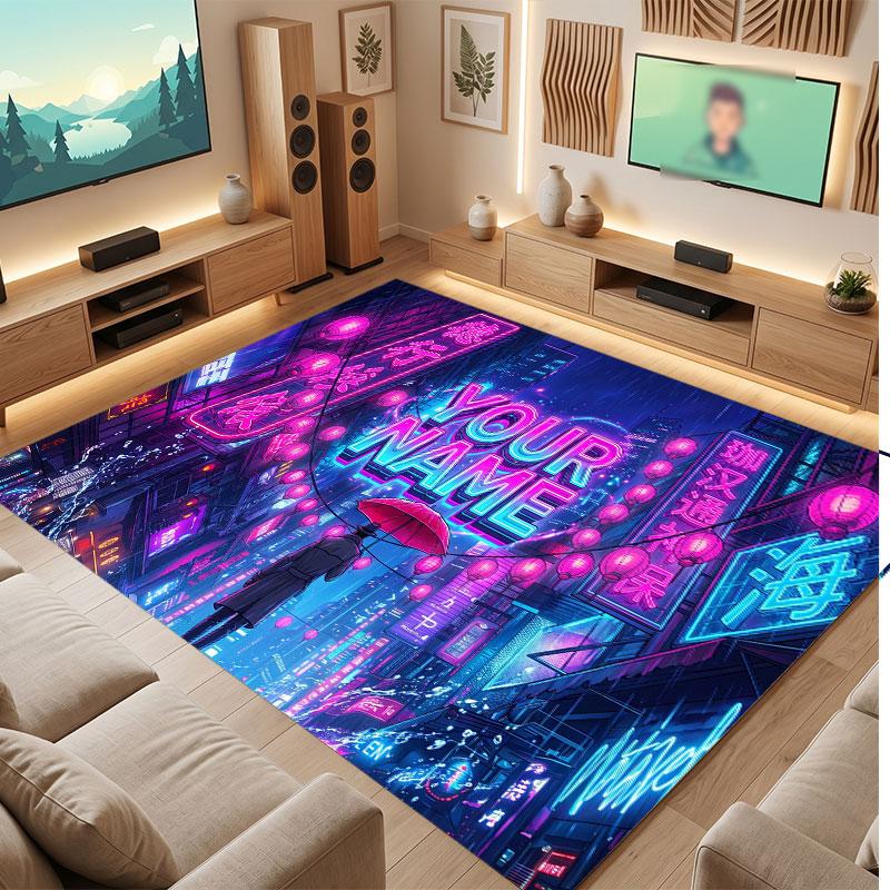 City Cyberpunk Theme Crystal Velvet Floor Rug Personalized Custom Name Text Warm Carpet Home Decoration