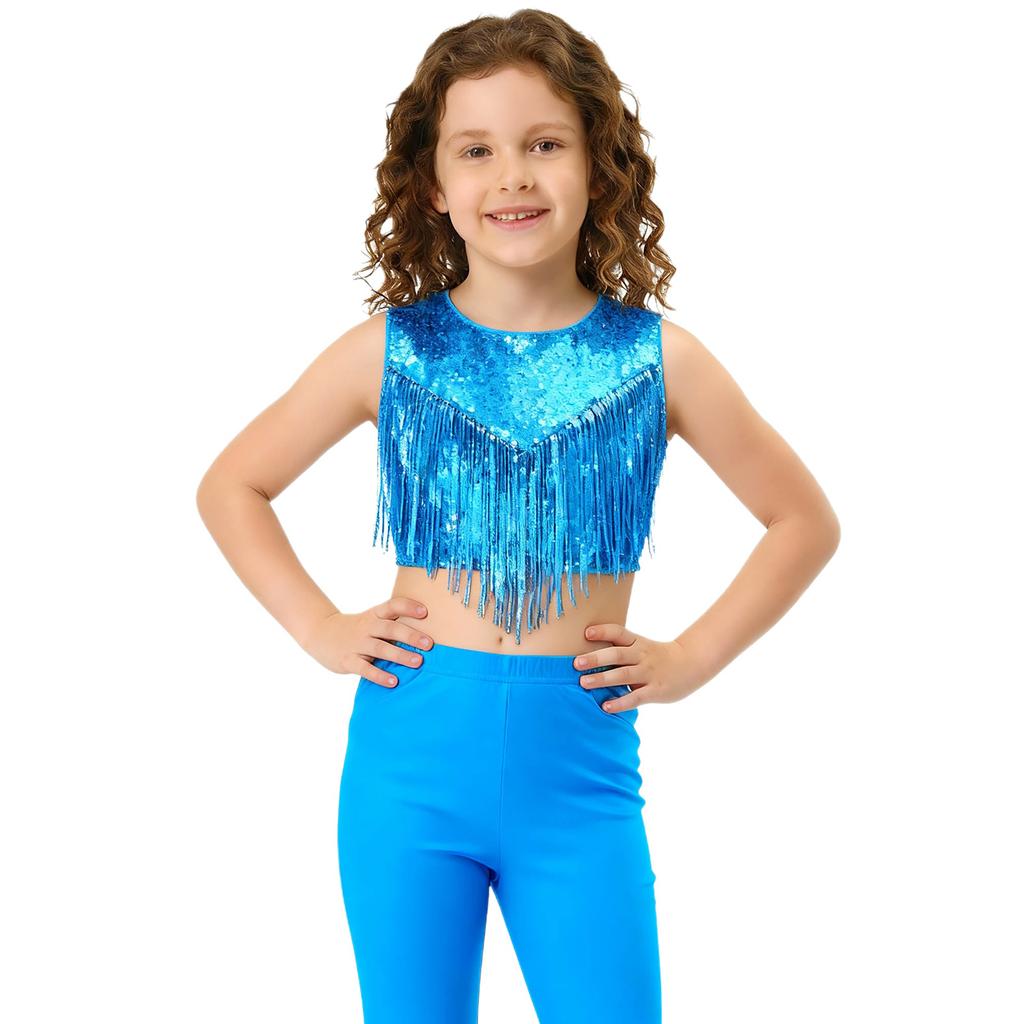 Costume da Bambina Anni '70 Disco Paillettes Lucide Girocollo Top Metallizzato Senza Maniche