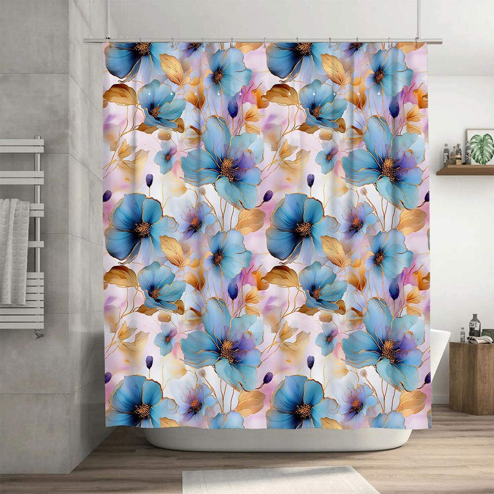 Blue Flowers Shower Curtain Bathroom Decor Waterproof Fabric Wall Hanging Home Decoration Modern Style 3D Print Pattern Personal