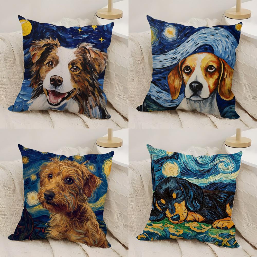 Cartoon Sternenhimmel Hund Kissenbezug Seidiger Kurzer Plüsch Doppelseitig Bedruckter Kissenbezug für Sofa Alle Jahreszeiten Heimdekoration Geschenk
