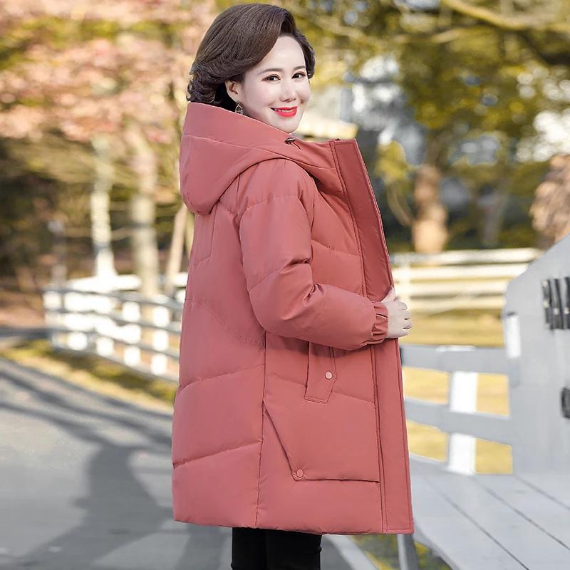 Winter Cotton Padded Jacket Hooded Solid Color Fleece Thick Parkas Warm Loose Long Overcoat Middle Aged Grandma Snow Coat