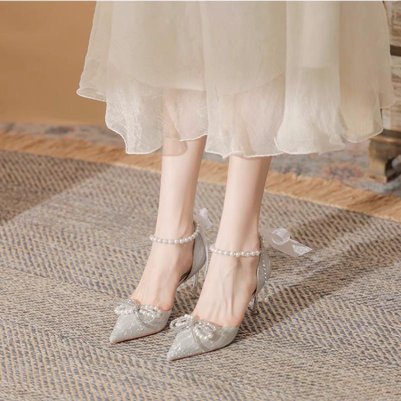 

Серебристые туфли на высоком каблуке фея 2025 новые хрустальные свадебные туфли туфли невесты новые французские шпильки не устают ноги одинарные туфли 40