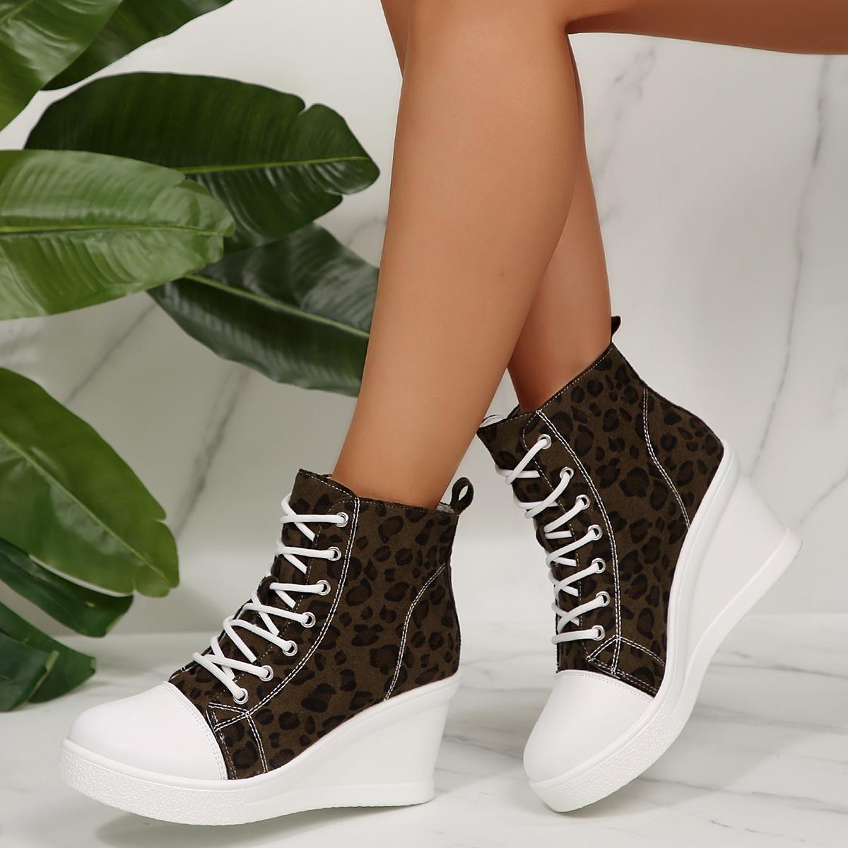 

Сексуальные леопардовые туфли на танкетке на шнуровке из парусины Женские 2025 Осень Круглый носок Туфли на среднем каблуке Толстая подошва Ботильоны 42 коричневый