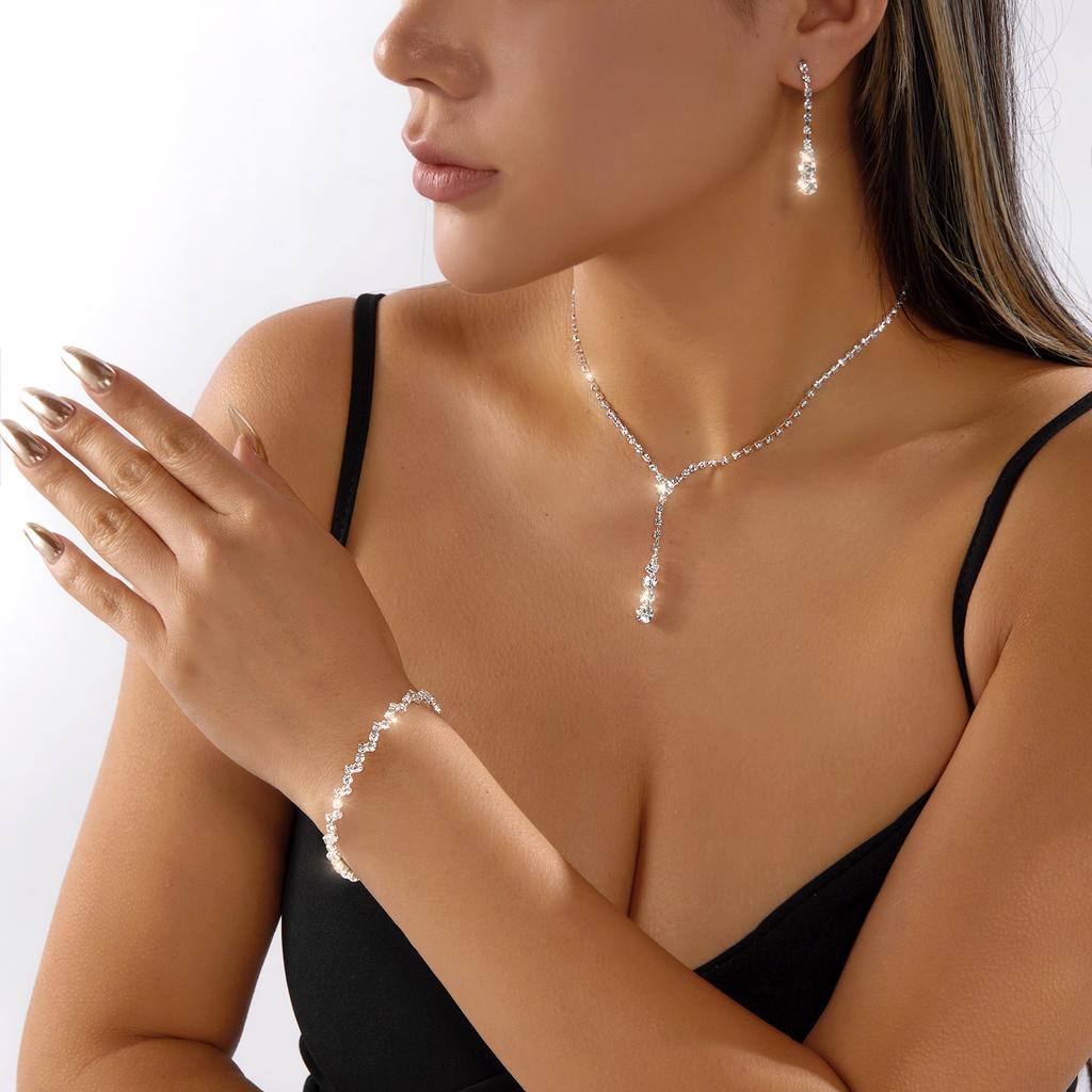 Luxury Pearl Rhinestone Choker Necklace & Bracelet Set for Women Elegant Silver Color Collar Bridal Wedding Jewelry Accessories