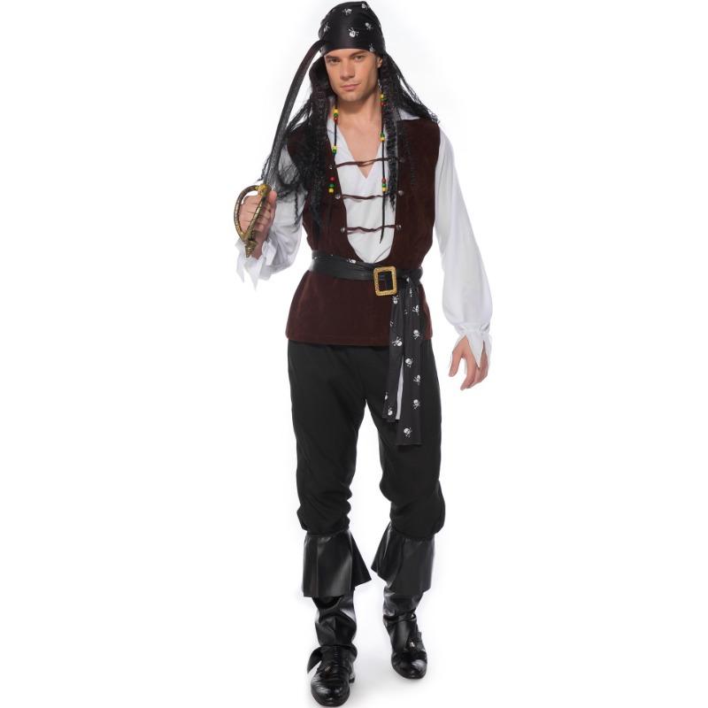 Halloween Men's Pirate Costume Cosplay Masquerade Caribbean Crew Skull Hunter Stage Dress