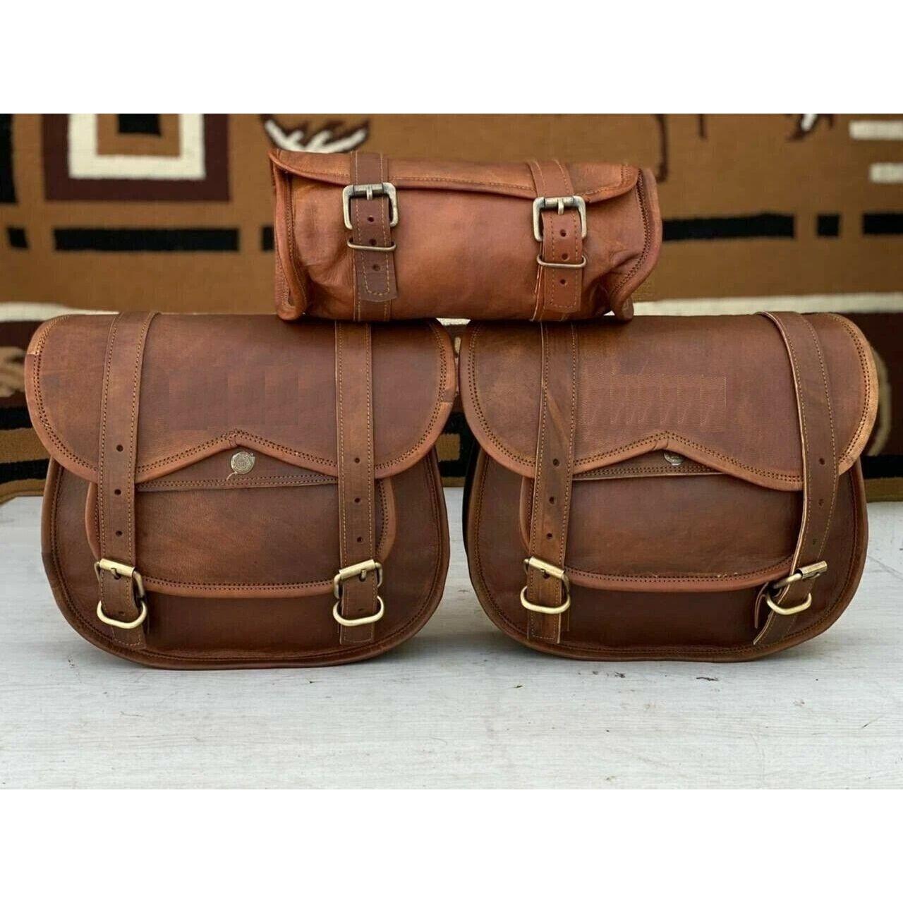 

Motorbike Motorcycle Goat Leather Luggage Saddle Bags Panniers Touring 3 Bag