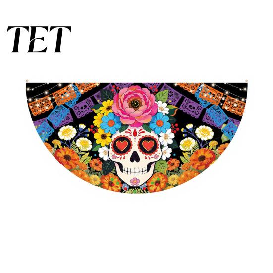 Colorful Cemetery Memorial Flag Day of The Dead Skull Bunting Banner, Marigold Print Fiesta Hanging Flag, Sugar Outdoor Yard Party Decor Floral