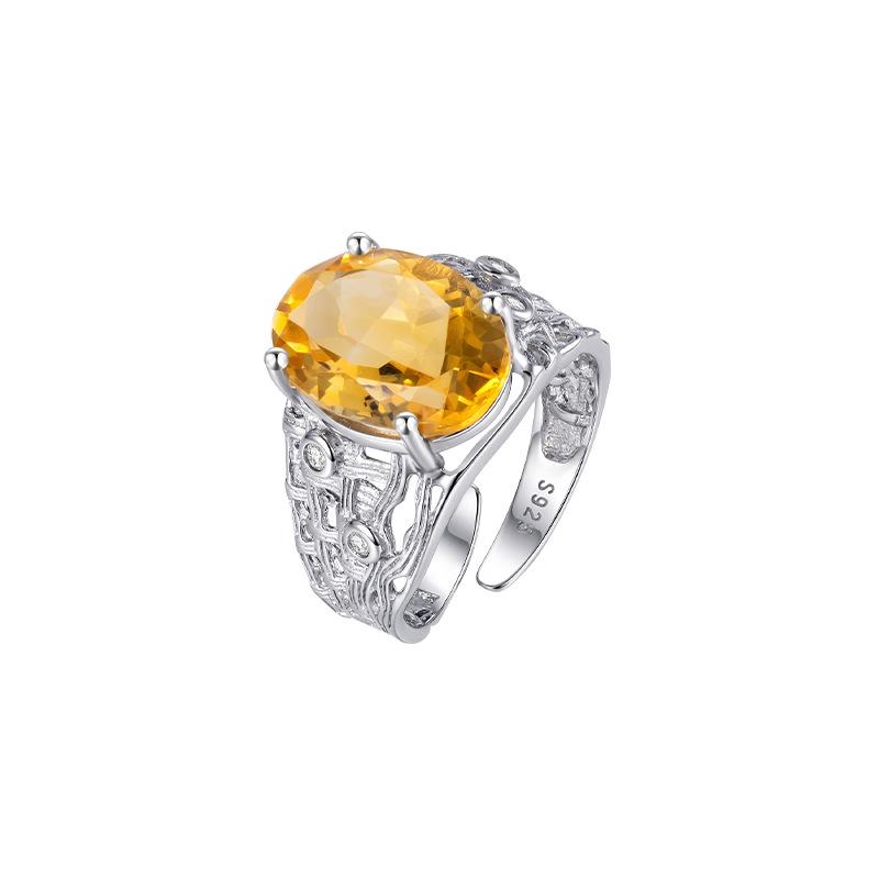 S925 sterling silver ring women's inlaid natural crystal stone topaz retro court style light luxury adjustable hand jewelry