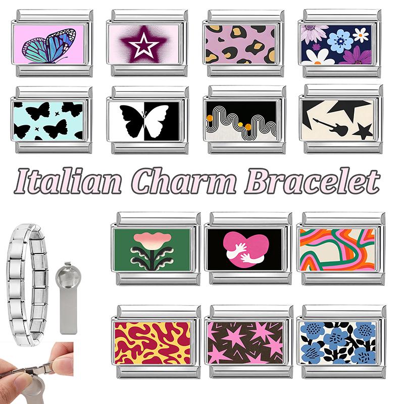 Wholesale Purple Star Butterfly Flower Guitar Heart Y2K Italian Charm Links Fit 9mm Stainless Steel Bracelet DIY Making Gift