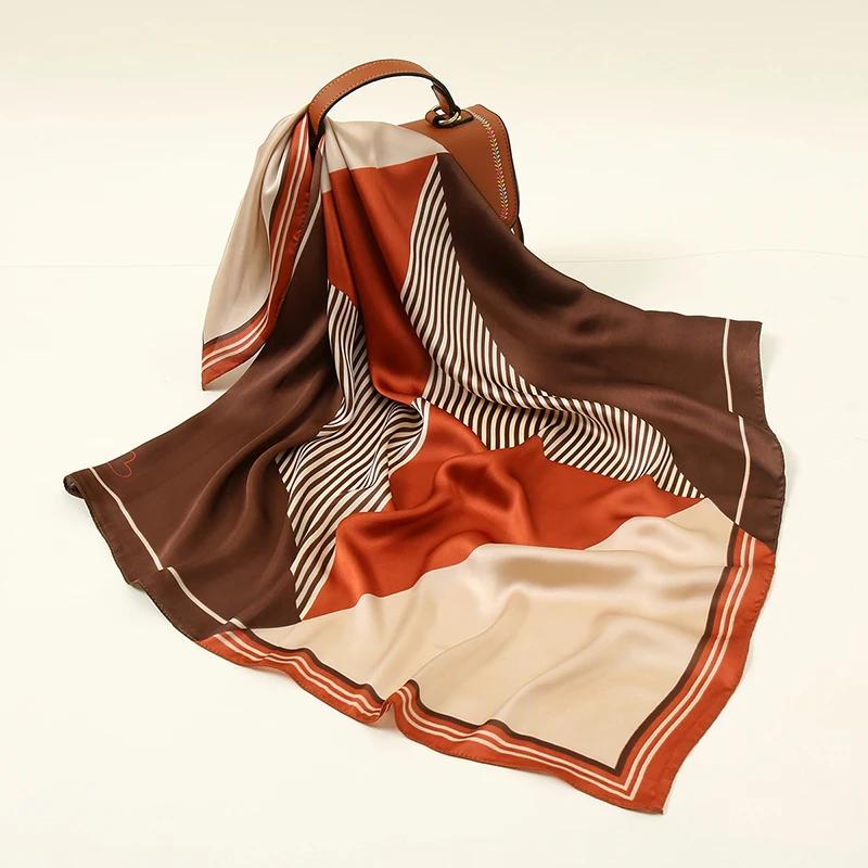 

Fashion Geometric Stripes 70 Square Scarf Satin Silk Scarf Muslim Hijab Woman Luxury High Quality Headband Femme Silk Scarf