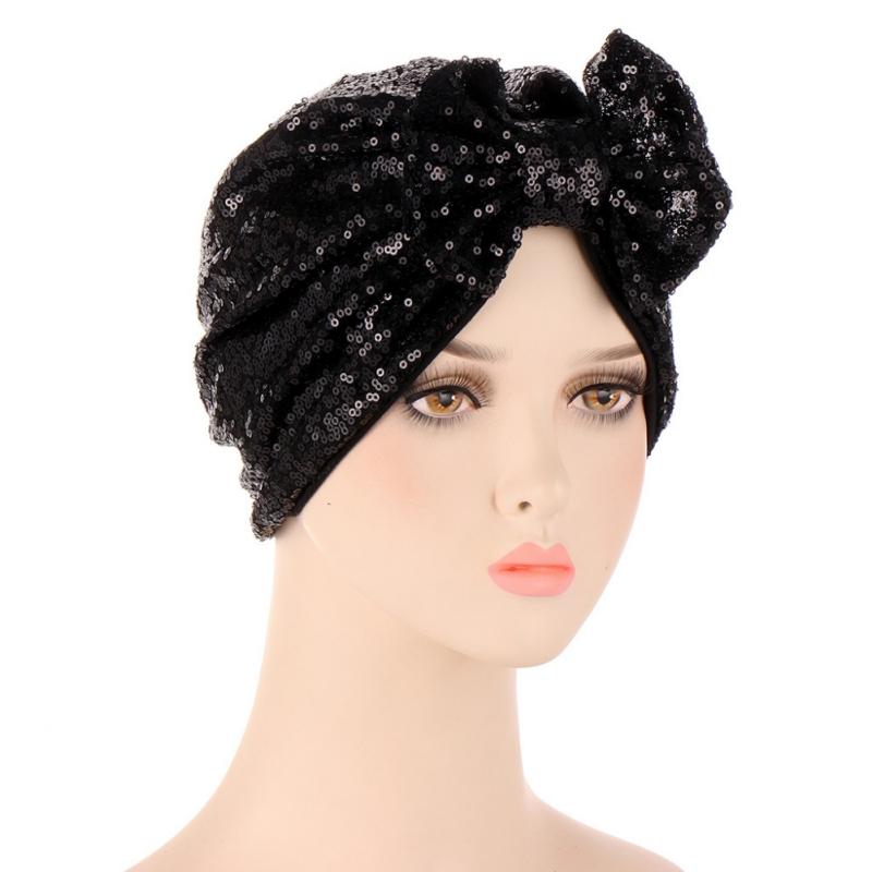 Turban Hat Bag Cap Bow Sequin Muslim Solid Color Hat
