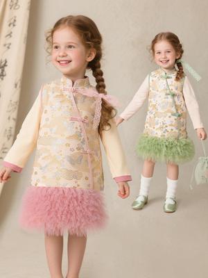 Tongbei 2025 Autumn Girls' Cheongsam Dress: Tang Suit with Chinese Print & Frog Button Design