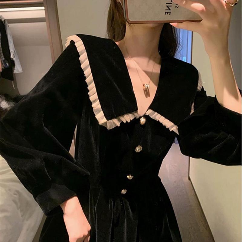 New Autumn Black Peter Pan Collar Dress Women's French High-end Elegant Long Dress Waist-cinching Slimming Audrey Hepburn Style Dress