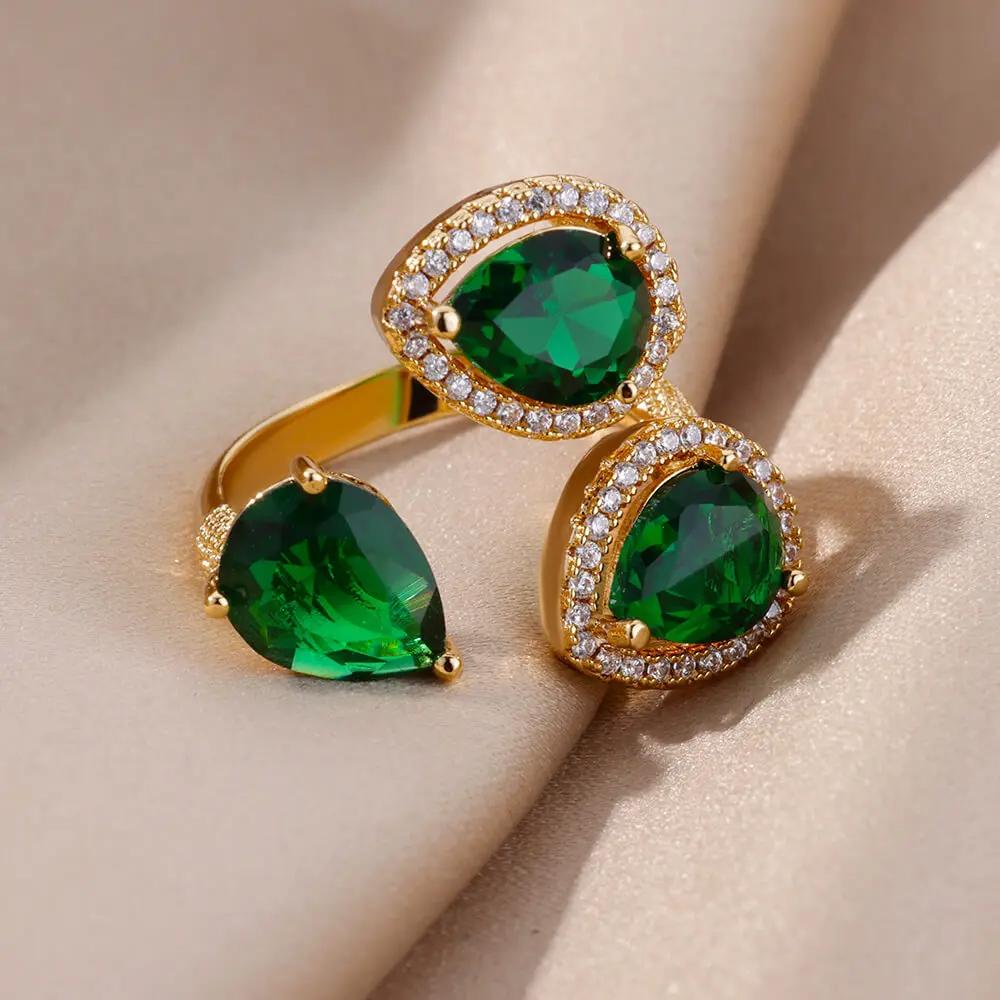 Luxury Stainless Steel Green Zircon Flower Rings For Women Snake Finger Ring Gold Plated Wedding Party Exquisite Zircon New