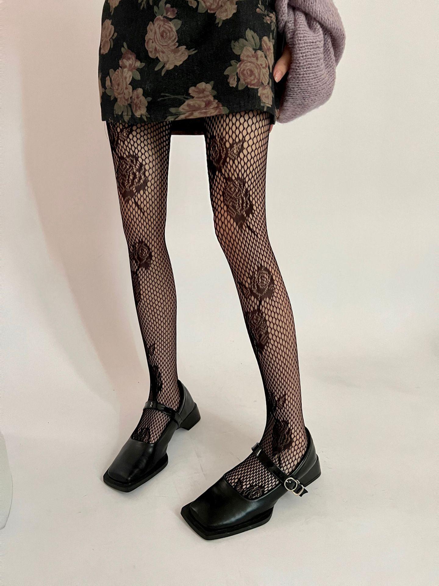 Sexy Damen Rose Floral Jacquard Netzstrumpfhose Ausgeschnittenes Netz Fischgrät-Strumpfhose Y2K Stil Clubwear Valentinstagsgeschenk M