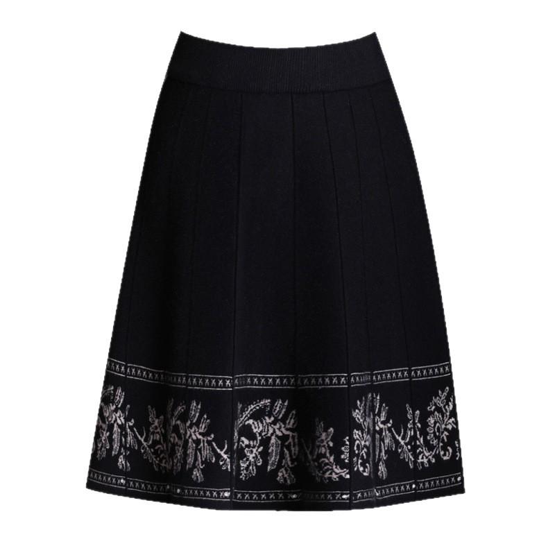 Ethnic Style Floral Knit A-line Midi Skirt - High Waist Autumn/Winter 2025