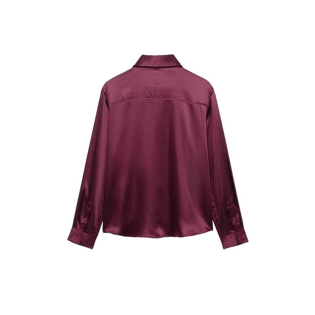 TAOP&ZA Women's Spring/Summer Elegant Solid Silk Satin Slim Fit Shirt