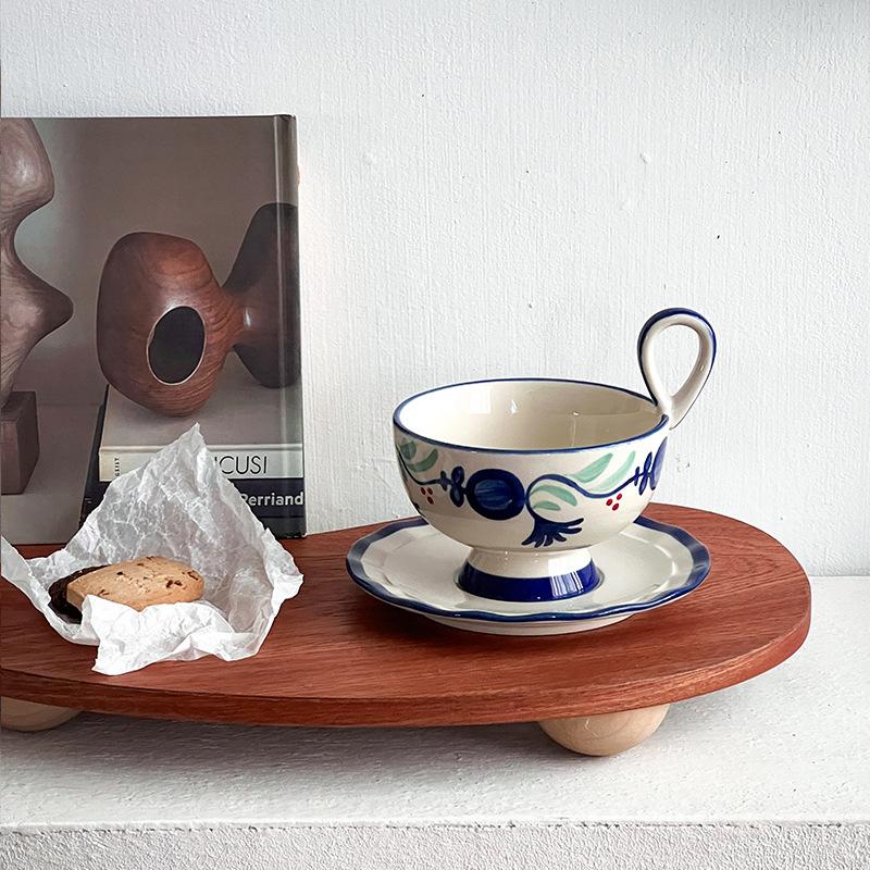 Coffee Cups Flower Tea Mug Hand Drawn Underglaze Colored Ceramic Cups and Dish Set Japanese Afternoon Tea with High Footed Cup