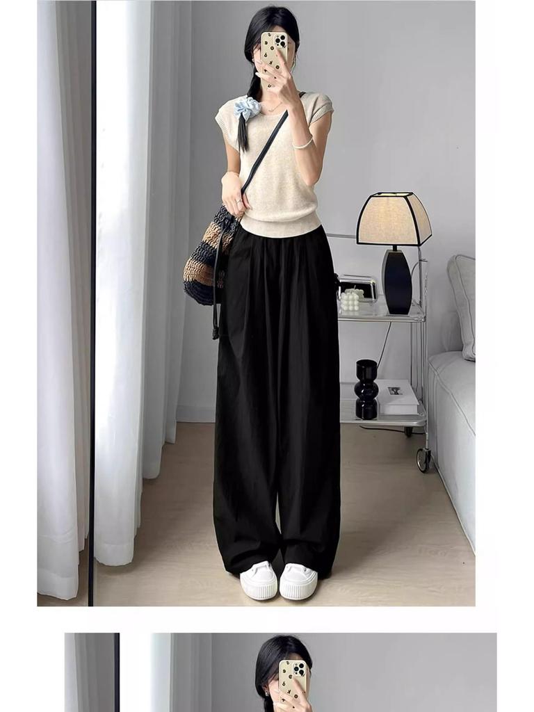 Women's Summer Pink Ice Silk Wide-Leg High-Waist Pants - Petite 145