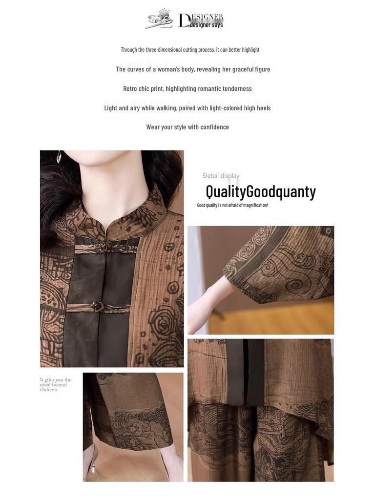 Lady's Spring 2025 Plus Size Retro Two-Piece: Irregular Top & Wide-Leg Pants Set