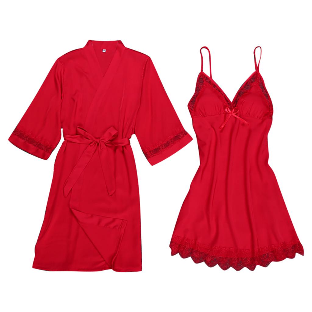 Women Sexy Satin Fashion Lace Patchwork Sleepwear Sling Robe Long ...
