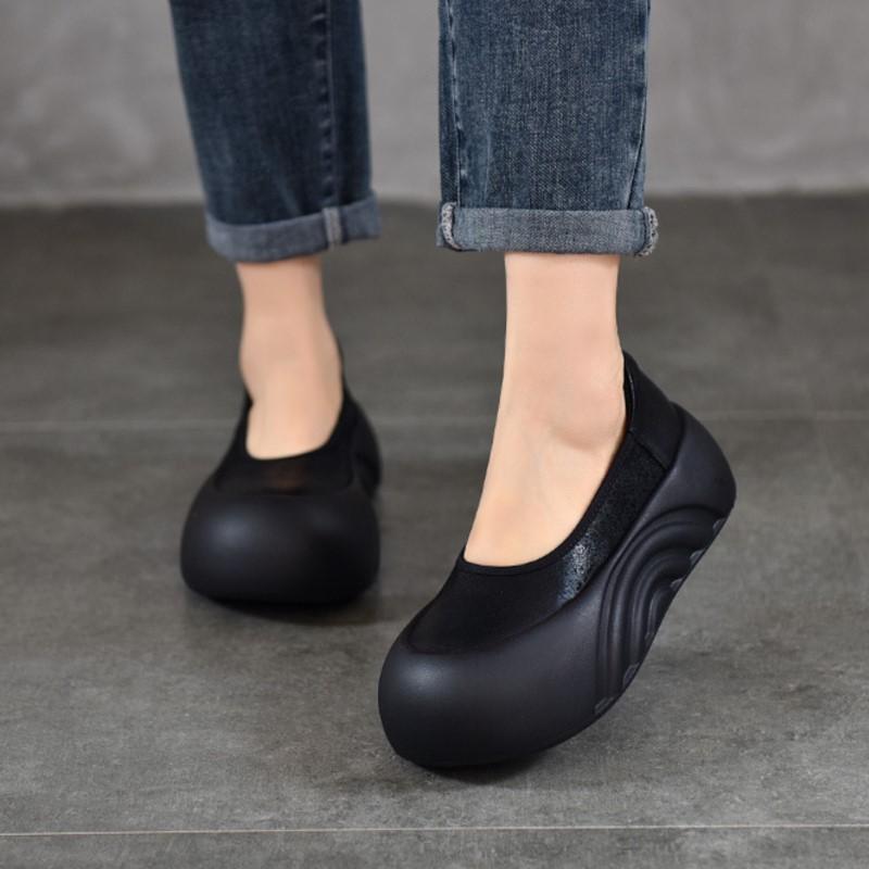 Johnature Retro-Schuhe aus echtem Leder, flache Plateauschuhe, runde Zehenpartie, dicke Sohle, lässige Damen-Schlupfschuhe