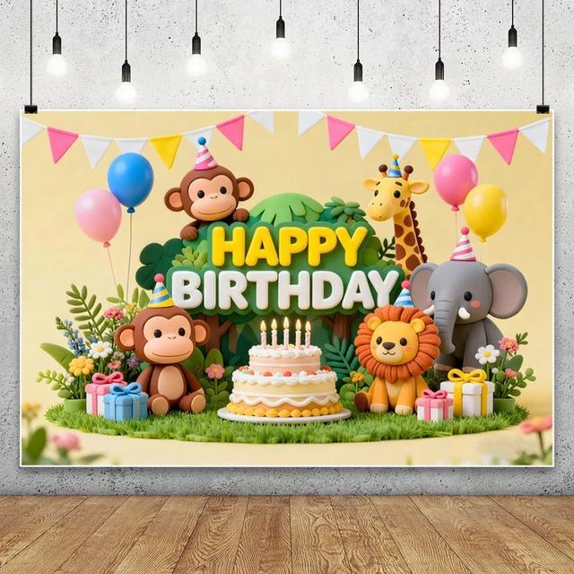 Cartoon Jungle Zoo Children's Birthday Party Decoration Photography Background Cloth Banner