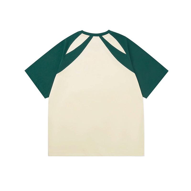 Pure Cotton Off-the-shoulder Color-blocking Light-colored Short-sleeved T-shirt