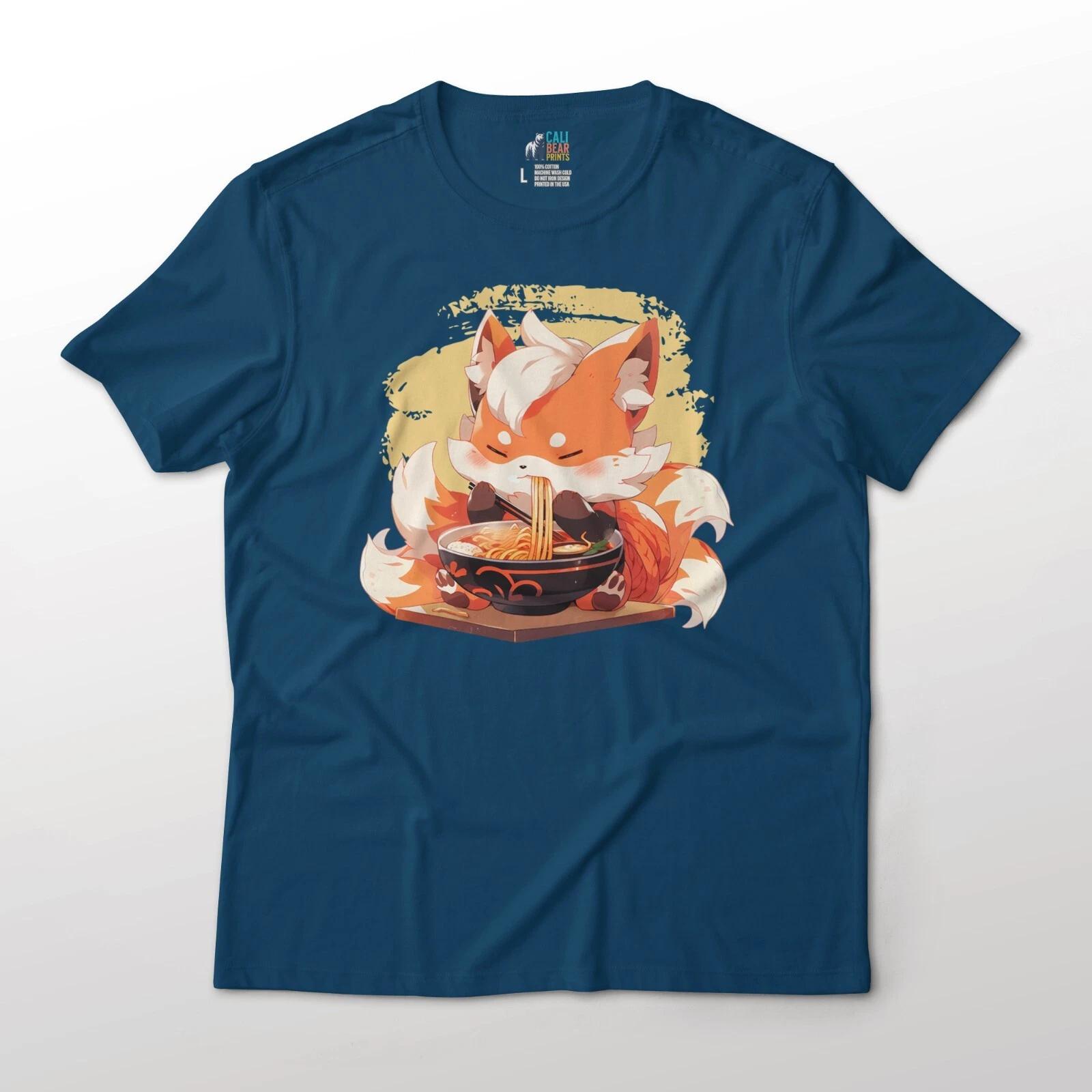 Cute Fox Eating Ramen Anime Aesthetic Animal Graphic T-T-Shirt M