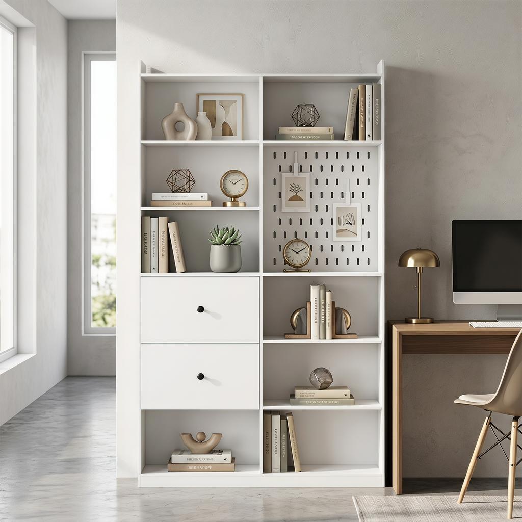 Bookshelf, 6-Tier, 120 x 30 x 200 cm, Storage Unit with 2 Drawers, Perforated Panel, White