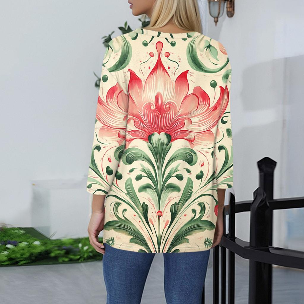 Women's Fashion Casual Three-quarter Sleeve Floral Print Round Neck Pullover Top