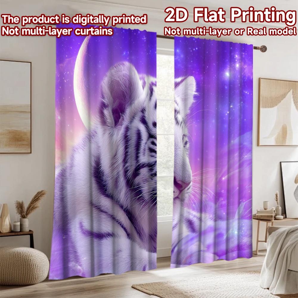 2D Flat Printing 2pcs Curtains Cute Tiger Galaxy Fantasy Digital Printed Polyester Drapes Party Decorations for Holiday Home