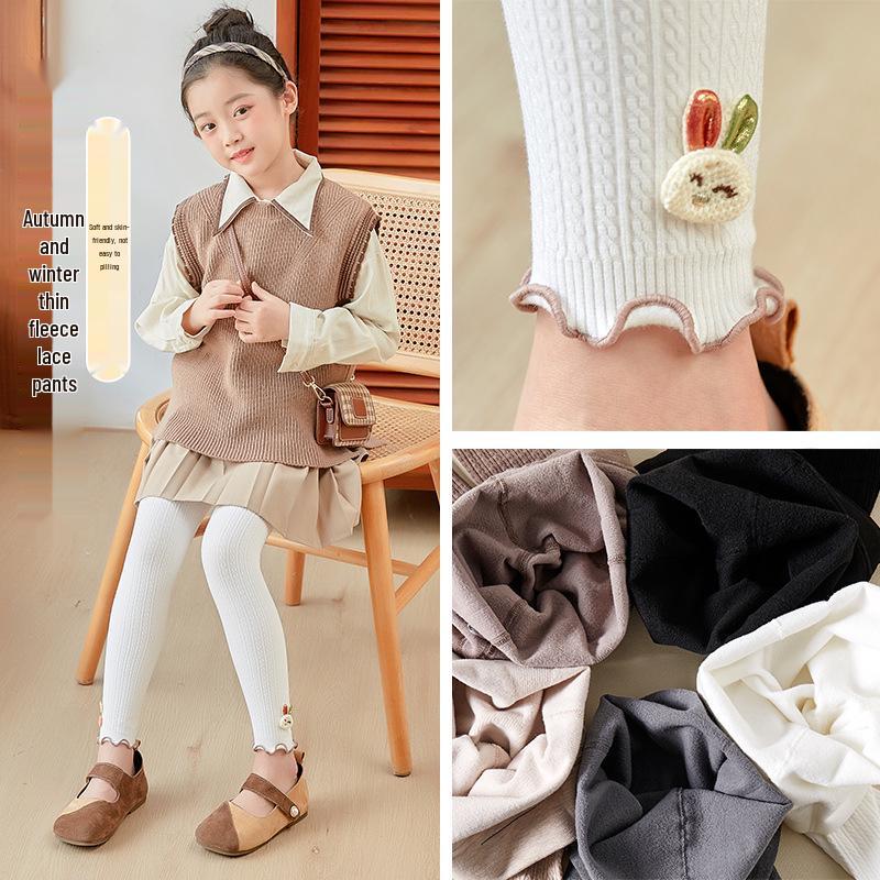 Girls' Fleece-Lined Cable Knit Leggings with Lace Trim for Autumn & Winter