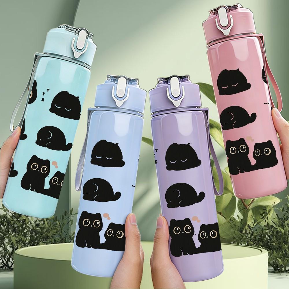 1PC Black Cat Face Repeat Pattern 750ml Color Plastic Sports Water Bottle Leakproof Flip Straw Lid Suitable for Sports Office Home Use