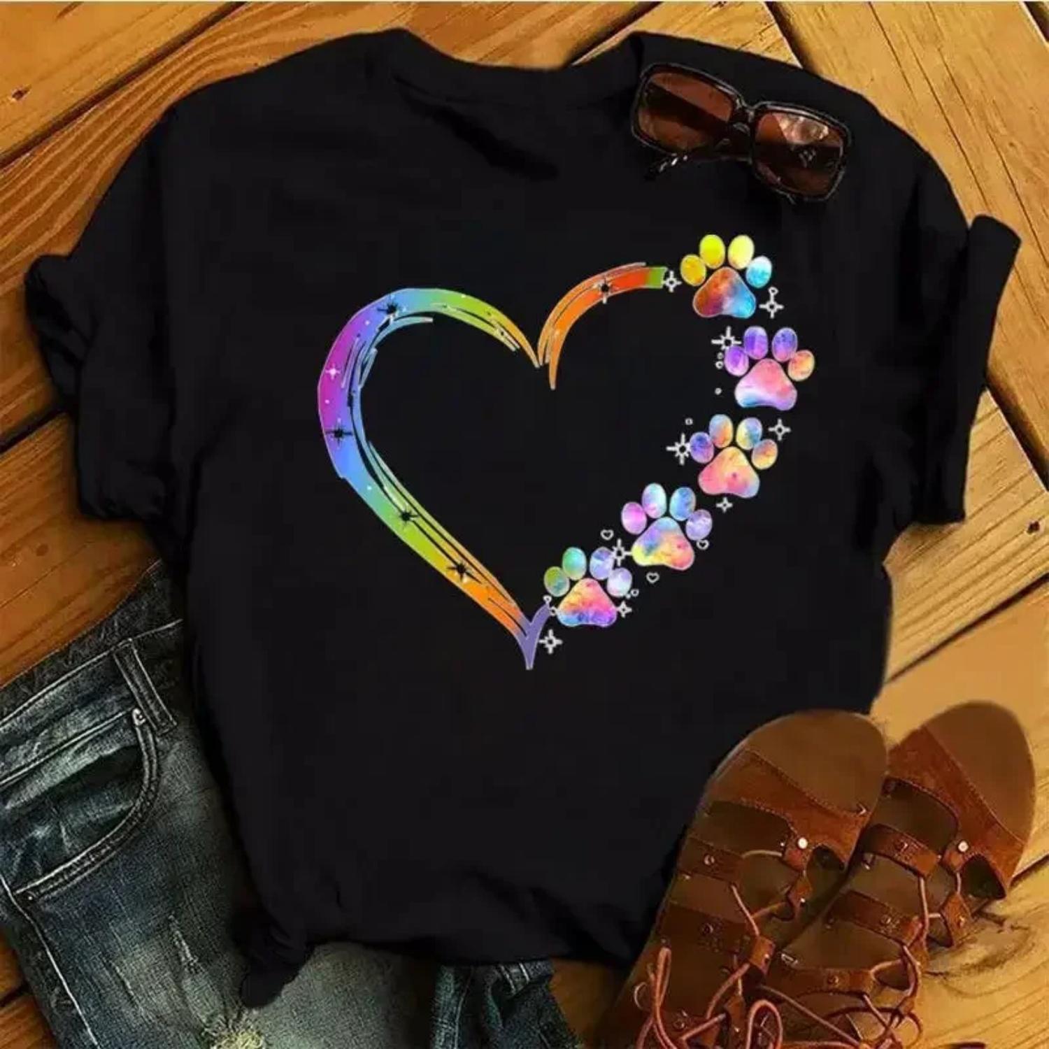 

Cartoon Colorful Heart Dog Paw Graphic Print T Shirt 90s Fashion Casual Women Men Short Sleeve Plus Size T Shirt Unisex XXXXXL чорний