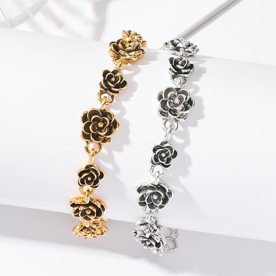 Vintage Rose Distressed Camellia Bracelet - Women's Retro Alloy Flower Jewelry
