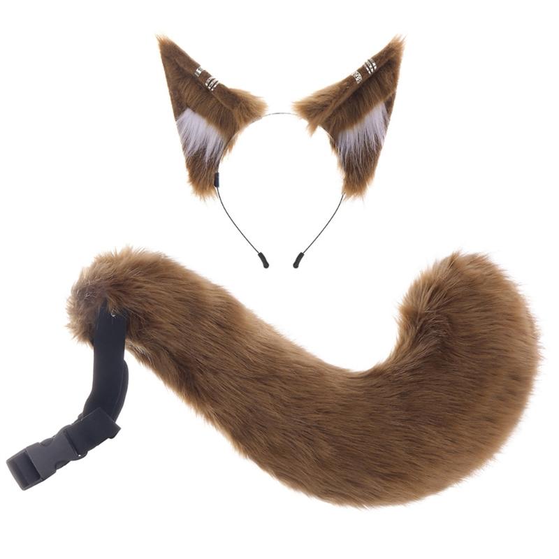 A52E Realistic Wolf Ear Hairband With Attached Tail For Themed Dressing Up Event