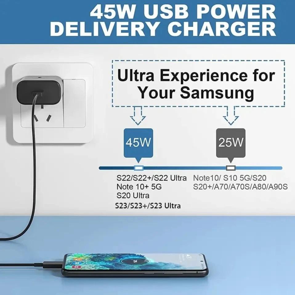 PD 45W 5A Superschnelllader für Samsung S21 S22 S23 S24 Plus Note20 Ultra A34 A53 A54 A55 A71 A73 USB-C Schnellladekabel 2m