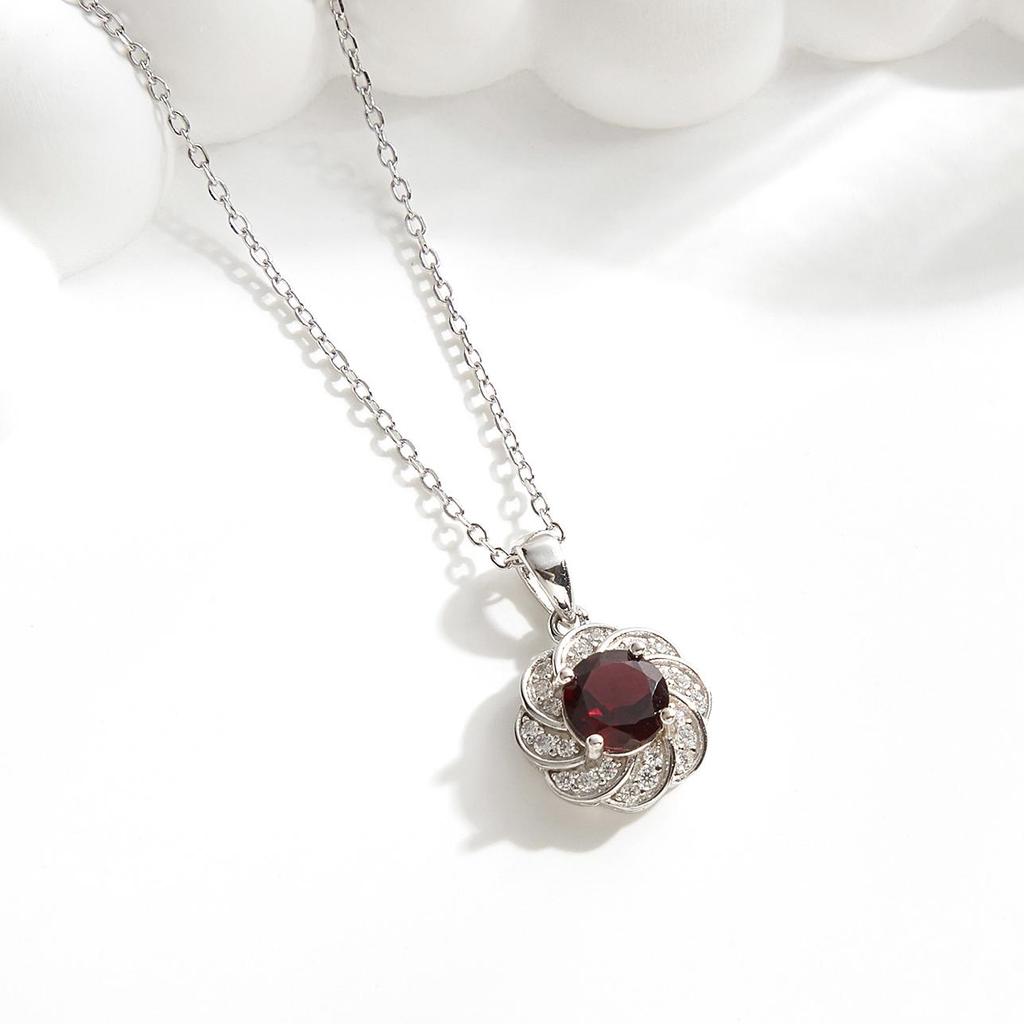 Flower Shape Design Women's Pendant 925 Sterling Silver Necklace Natural Round 6.0mm Rhodolite Garnet Jewelry for Proposal Gifts