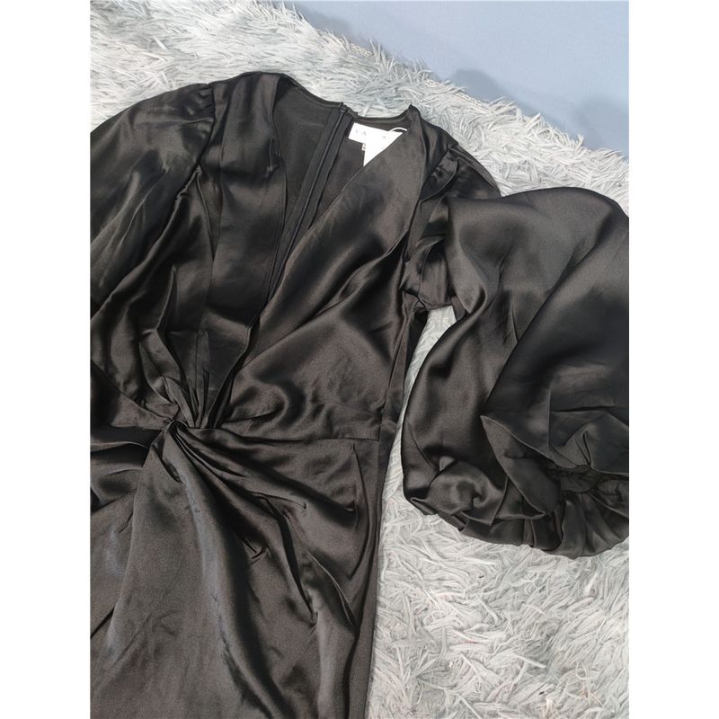 Foreign Trade Order 2025 Summer Party into Pulp Satin Black Royal Sister Fan Lantern Sleeve Deep V-neck Sexy Formal Dress Long dress